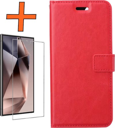 Hoes - Met Screenprotector - Geschikt voor Samsung Galaxy S24 Ultra - Luxe Pasjeshouder - Bookcase Portemonee - Flip Case - Kunstleer Book Case - Flipcase - Book Cover - Walletcase - PortemonneeHoes - Rood