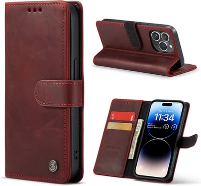 Casemania Echt Leren Hoesje Geschikt voor Apple iPhone 15 Pro - Rood - Leer Wallet Hoes - Portemonnee Book Cover met Pasjeshouder