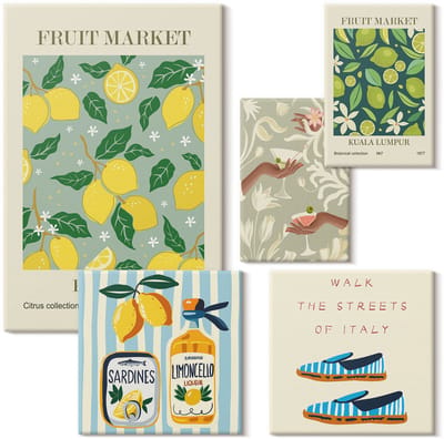 Wallfluent Set van canvas schilderijen - Fruitinspiratie van de vintage markt Canvas Schilderijen Set - Set van 5 Canvas Schilderijen - Groente Set van Canvas Prints - Voedsel Canvas Kunst Set - Boheemse Canvas Kunst Set