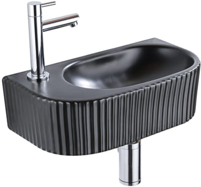 QeramiQ Fuente fonteinset – halfrond – 40x21.5x12 cm – keramiek zwart mat – chromen kraan – geribbeld