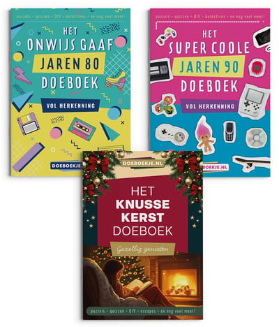 Knusse Kerst + Onwijs Gaaf Jaren 80 + Super Coole Jaren 90 Doeboek - puzzelen, quizzen, spelletjes, detectives - voor volwassenen - voordeeltrio