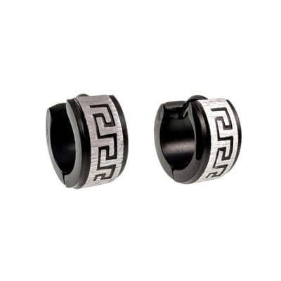 ∅13mm x 7mm Oorringen Unisex - Zwart PVD-coating RVS - Zwartkleur-Zilverkleur Oorbellen met Griekse Details - Dames - Heren