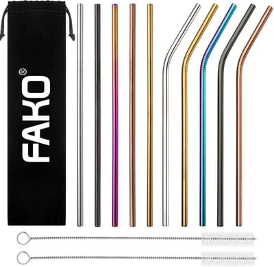Fako Bijoux - Set van 10 Herbruikbare Stalen Kleuren Rietjes - Roestvrijstalen (RVS) Rietjes - Drink rietjes beker - 5 gebogen Rietjes & 5 rechte Rietjes - Incl. 2 Schoonmaakborstels en Velours Zakje - Duurzaam en Stijlvol - Milieuvriendelijk