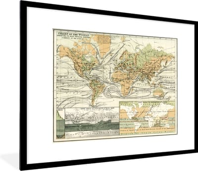 Poster in lijst - Fotolijst 80x60 cm - Posters - Vintage wereldkaart met landschapskenmerken - Posterlijst zwart - Decoratie - Wanddecoratie woonkamer - Muurdecoratie slaapkamer
