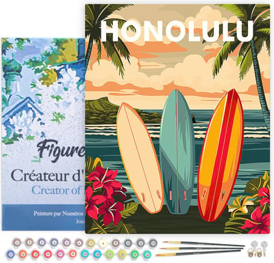 Figured'Art Schilderen op Nummer Volwassenen met lijst Reisposter Honolulu- Handwerk acrylverf Kit DIY Compleet - 40x50cm Canvas al ingelijst