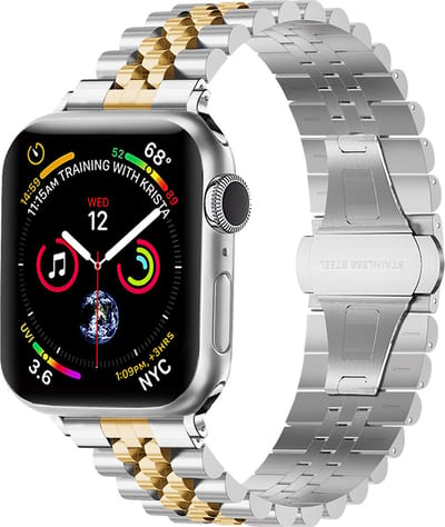 Strap-it Jubilee stalen schakel band - Geschikt voor Apple Watch bandje - Series 1/2/3/4/5/6/7/8/9/10/11/SE/SE2/SE3 - Zilver/Goud - Staal/metalen luxe band met vlindersluiting - RVS iWatch bandje voor maat: 38 / 40 / 41 / 42mm