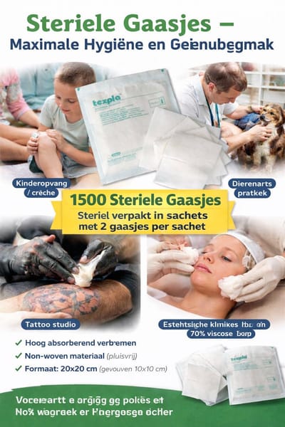 1500 steriele gaasjes - gaas kompressen – 20x20 gevouwen in 10x10 cm - non woven - desinfectie of sterilisatie. STERIEL VERPAKT IN SACHETS MET 2 GAASJES PER SACHET