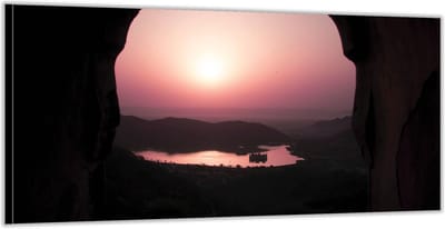 KuijsFotoprint - Schilderij - Zonsondergang Vanuit Een Grot - Oranje En Paars - 100 X 200 Cm