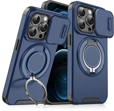 Backcover Hoes Geschikt voor: Apple iPhone 12 Pro Max - Magnetische Ringhouder met Sliding Lens Camshield - Blauw