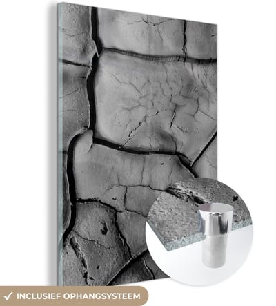 Glasschilderij - Zwart - Wit - Klei - Steen - 120x160 cm - Schilderij glas - Kamerdecoratie