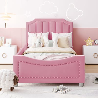KOMHTOM Bed kinderbed 90x200 cm Gestoffeerd slaapbank met rugleuning bijzetbed Roze