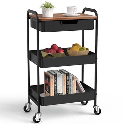 3-laagse keukentrolley - Multifunctionele wagen - Flexibele wielen - Zwart - Serveertrolley - Ideaal voor keuken en kantoor - Praktisch e...