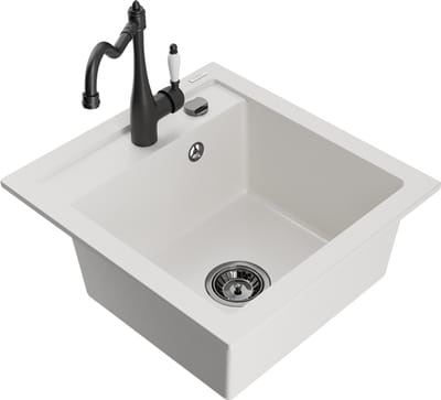 Mexen Vito granieten spoelbak 1-komers met keukenkraan Carla, wit - 6503-20-670700-70