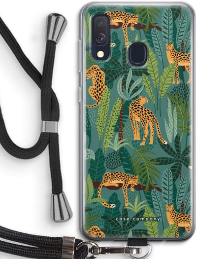 Case Company® - Hoesje met koord geschikt voor Samsung Galaxy A40 hoesje met Koord - Luipaard 2 - Telefoonhoesje met Zwart Koord - Bescherming aan alle Kanten en Over de Schermrand