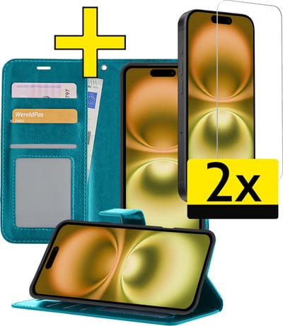 Hoesje - Met 2x Screenprotector - Geschikt voor Apple iPhone 16 - Luxe Pasjeshouder - Bookcase Portemonee - Flip Case - Kunstleer Book Case - Flipcase Hoes - Book Cover - Walletcase - Portemonneehoes - Telefoonhoesjes - Turquoise