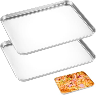 Set van 2 RVS Bakplaten - Rechthoekige Cakeplaten, Warmtebestendig, Makkelijk Schoon te Maken, Perfect voor Bakken en Roosteren, 26.5 x 20.5 x 1.2 cm