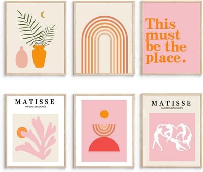 Minimalistische Muurkunstset voor Decoratie - Boho Prints in Oranje en Roze, 20 x 25 cm