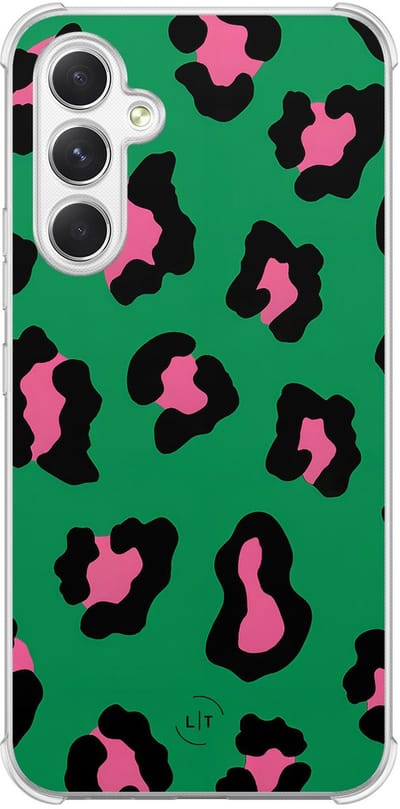 Shockproof hoesje - Geschikt voor Samsung Galaxy A54 - Luipaard groen roze - Extra sterke case - TPU/polycarbonaat - Luipaardprint - Groen, Roze, Transparant
