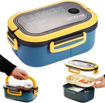VHV-Bento Box Lunchbox met 5 Vakjes - 1200ml Lekvrije Broodtrommel - Inclusief Bestek - Lunchbox voor Kinderen en Volwassenen - Magnetron- en Vaatwasserbestendig - Ideaal voor School, Werk en Picknick - Blauw