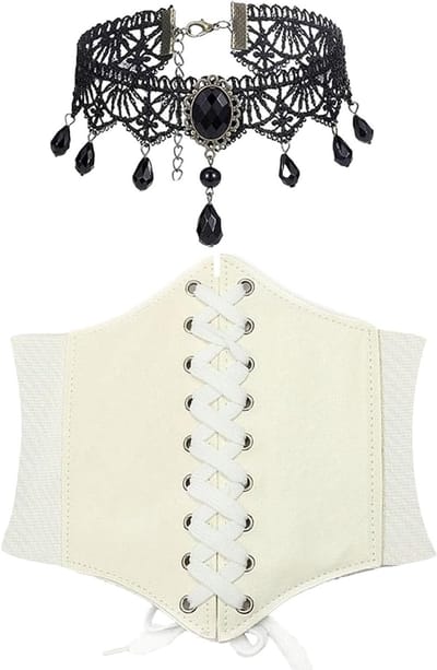 2-delige corsetset voor vrouwen met gothic sieraden, middeleeuwse kleding, piratenkostuum en kant choker