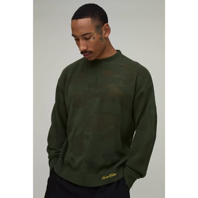 Gebreid T-shirt Met Ontspannen Pasvorm En Camo Jacquardpatroon | Olive | Size Small