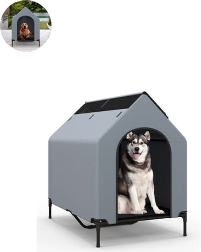 Hondenhok - Buiten - Bench - Ren - Weerbestendig - Kennel - Rek - Grijs + Zwart