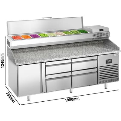 GGM Gastro Pizzakühltisch Premium PLUS - 1980x700mm - mit 1 Tür & 4 Schubladen - inkl. Kühlaufsatzvitrine - 9x GN 1/4