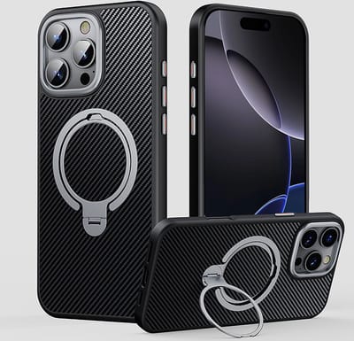 Hoesje geschikt voor iPhone 16 Pro Magsafe met Carbon uitvoering - 360° Draaibare Magnetische Standaard - Back Cover Kickstand Ring – Zwart