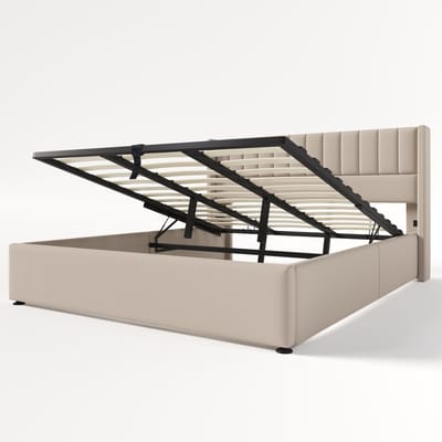 Opbergbed gestoffeerd bed hydraulisch tweepersoonsbed 180x200 cm, houten lattenbodem, bed met lattenbodem en metalen frame, linnen, beige