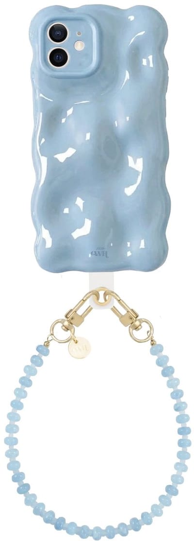 xoxo Wildhearts Bubbly case Ice Blue - Dusty Cord (kort) - Geschikt voor iPhone 12 - Hoesje met bobbeltjes inclusief telefoonkoord - Krullende golfvorm - schokbestendig - Telefoonhoesje met koord - Koord ook afneembaar - Blauw
