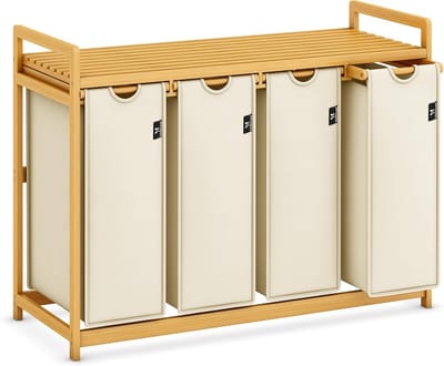 Wasmand met rek - Wasbox organizer - Sorteren en opbergen - Uittrekbare zakken - 200 liter - Beige