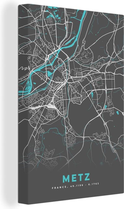 Canvas Schilderij Metz - Frankrijk - Plattegrond - Kaart - Stadskaart - 20x30 cm - Wanddecoratie