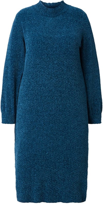 Ulla Popken - Dames - Chenille midi-jurk wijde opstaande kraag lange mouwen - Petrol - Maat 46+