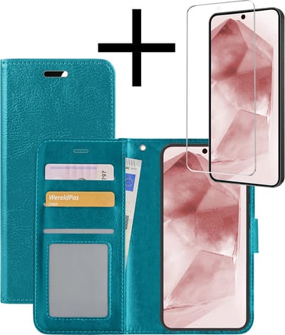 Hoesje - Met Screenprotector - Geschikt voor Samsung Galaxy A55 - Luxe Pasjeshouder - Bookcase Portemonee - Flip Case - Kunstleer Book Case - Flipcase - Book Cover - Walletcase - Portemonneehoes - Turquoise