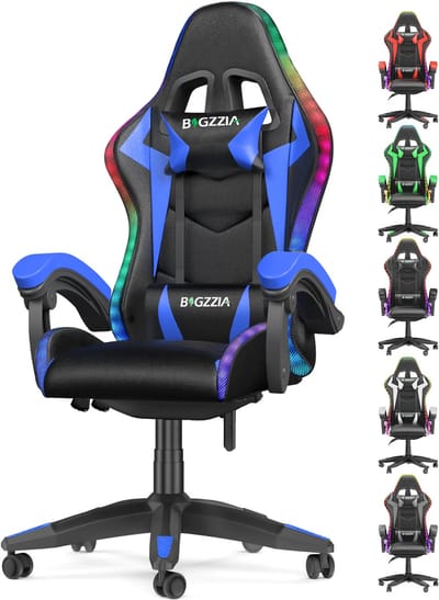 Bigzzia Ergonomische gamingstoel met LED-verlichtingseffecten, verstelbare rugleuning, LED-gamingstoel met lendensteun en hoofdsteun, bureaustoel voor volwassenen en kinderen