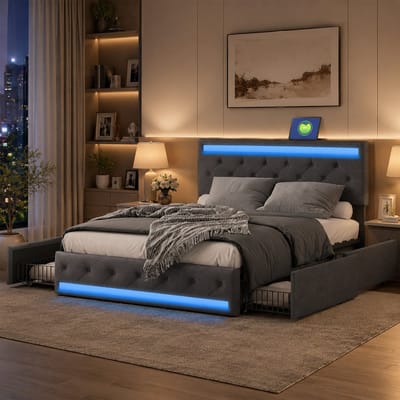 Opbergbed 140x190 cm met lattenbodem en 4 opberglades, tweepersoonsbed met led- en usb-aansluiting, verstelbaar gewatteerd hoofdbord, bedframe 140x190, linnen, donkergrijs