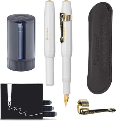 Kaweco - Cadeauset - 5delig - Vulpen Breed (B) - Sport Classic Wit - Nostalgie Oktogonal Clip Vergoldet - etui Leer Zwart - Twister patronen - Doosje vullingen