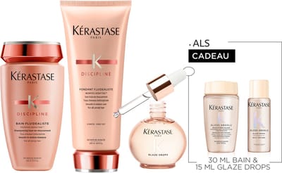 Kérastase Discipline & Gloss Absolu Trio + Cadeau - Shampoo 250ml, Conditioner 200ml & Glaze Drops 45ml + Shampoo 30ml & Glaze Drops 15ml Cadeau - Voor Onhandelbaar En Lang Haar Gevoelig Voor Pluis