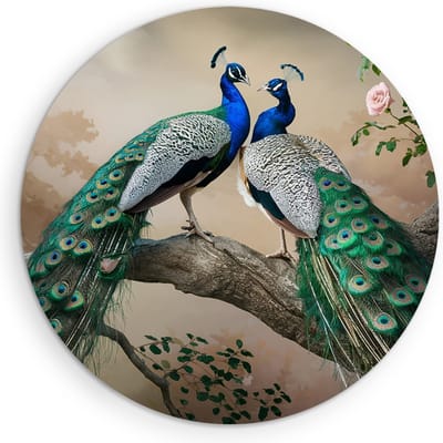 Saammp Muurcirkel Hout - 2 Pauwen - Dieren - Natuur - Ø 90 - Wandcirkel - Wanddecoratie Cirkel - muurdecoratie Woonkamer - Slaapkamer decoratie - Rond Schilderij