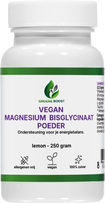 Groene Boost Magnesium Bisglycinaat Poeder Citroen Supplement – 250 Gram – Magnesium Bisglycinaat Vegan