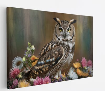 Saammp Canvas Schilderij - Uil tussen kleurrijke bloemen - Dieren - 45x30 - Foto op canvas - Wanddecoratie - muurdecoratie Woonkamer - Slaapkamer decoratie - Canvas Print