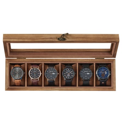 SONGMICS - Horloge Doos - Met 6 Vakken - Massief Houten Kist - Met Glazen Deksel en Horlogekussens