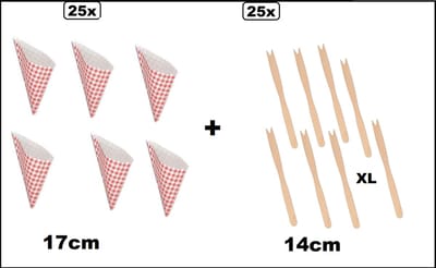 25x Frietzak Boerenbont 17cm papier + 25x houten frietvorkje 14cm - friet puntzak patat friet frites bakje snack zak evenement uitdeel
