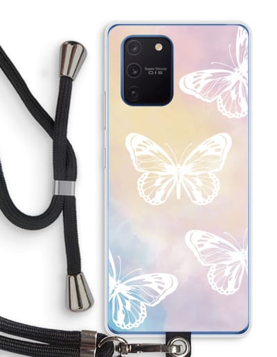 Case Company® - Hoesje met koord geschikt voor Samsung Galaxy Note 10 Lite hoesje met Koord - White butterfly - Telefoonhoesje met Zwart Koord - Bescherming aan alle Kanten en Over de Schermrand