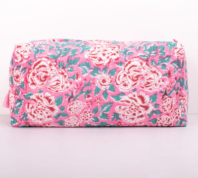 Bambooya make-up tas - Bohemian - Ibiza Style - Made in India - Tassel - roze met rode bloemen - Small ( 17 x 12 x 7 cm )
