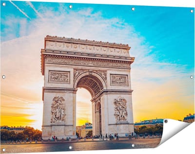 Gards Tuinposter Arc de Triomphe in Parijs met Zonsondergang - 120x80 cm - Tuindoek - Tuindecoratie - Wanddecoratie buiten - Tuinschilderij