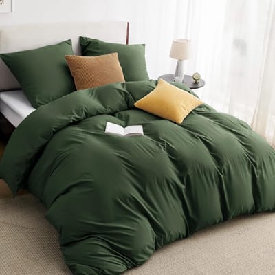 Famanu Beddengoed 200 x 200 cm, 3-delig, grijs-olijfgroen, 1 dekbedovertrek 200 x 200 cm + 2 kussenslopen 80 x 80 cm, beddengoedsets, groen, polyester, microvezel met ritssluiting
