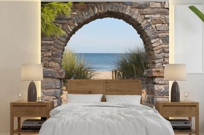 Behang - Fotobehang Doorkijk - Strand - Duin - Planten - Breedte 240 cm x hoogte 240 cm