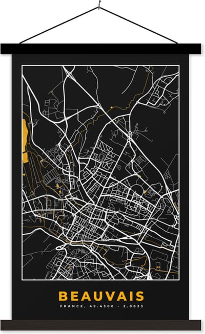 Posterhanger incl. Poster 40x60 cm - Schoolplaat - Kaart – Stadskaart – Beauvais - Frankrijk – Plattegrond - Textielposter - Zwarte latten - Stadskaart