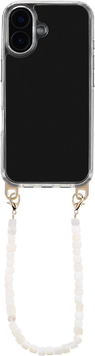Selencia Transparant Hoesje met Haakjes inclusief Natuurstenen Polskoord - Geschikt voor Apple iPhone 16 - Pearl White